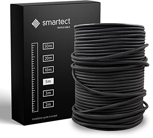 smartect Cavo Elettrico Tessile Nero, 5 Metri Filo Elettrico Vintage, Tripolare (3 x 0.75mm²) Cavo Elettrico Rivestito in Tessuto per Fai da Te