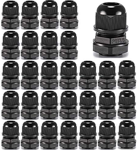 Gebildet Cable Gland, PG13.5 Plastic IP68 Waterproof Adjustable 6.0-12mm Cable Gland Joint with Gaskets, M20x1.5 Wire Connector, Wire Protector (Pack of 30, Black)