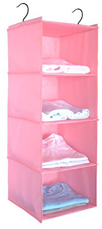 BrilliantJo Hanging Wardrobe Storage, Advanced Oxford cloth Hanging Closet Organiser Shelves Set for Clothes Shoes, 4-Shelf, Pink Washable