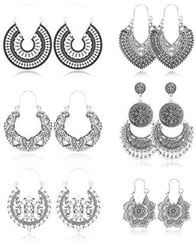 Finrezio 6 Paare Vintage böhmische Tropfen baumeln Ohrringe Boho National Style Hohles Blütenblatt in Herzform Perlen Statement Ohrringe für Frauen Mädchen Hypoallergener Silberschmuck