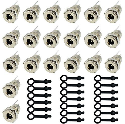 QitinDasen 20Pcs Premium DC Power Female Sockets, 2.1 X 5.5mm Jack Connector, Panel Mount Adapter, Dustproof Cap