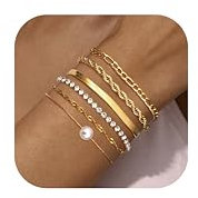 Milacolato 6Pcs Kette Armbänder Set für Frauen Einstellbare Mode 18K verGoldet zierlich Edelstahl Twist Figaro Fischgrätenkette Zirkonia Link Armband Schmuck Gold