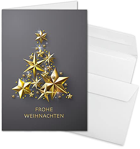 50x Weihnachtskarten-Set DIN A6 in Grau mit goldenem Weihnachtsbaum aus Sternen - Faltkarten mit passenden Umschlägen DIN C6 Hochweiß mit Haftklebung - Weihnachtsgrüße für Firmen und Privat