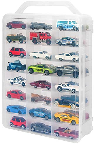 KISLANE Double Sided Storage Case for 48 Toy Cars, Matchbox Cars, Portable Transparent Storage Case with 48 Compartments, Case Only (Transparent)