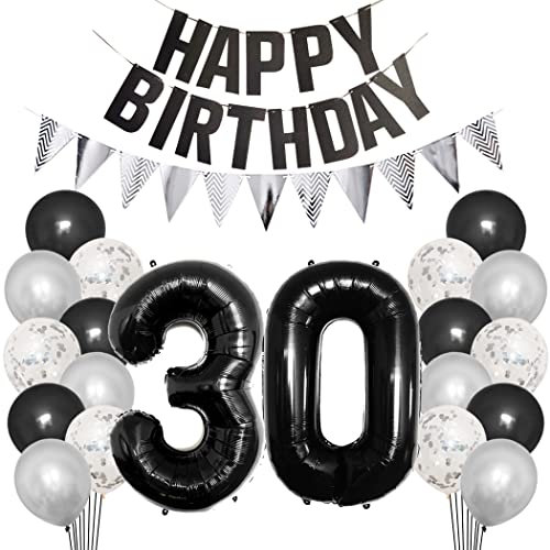 Borsgye 30. Geburtstag Deko Set 30 Jahr Geburtstagsdeko Ballon Männer Junge Frauen Schwarz Happy Birthday Banner Silber Glitzernder Dreiecks Banner Konfetti Luftballons Schwarz Folienballon Zahl 30