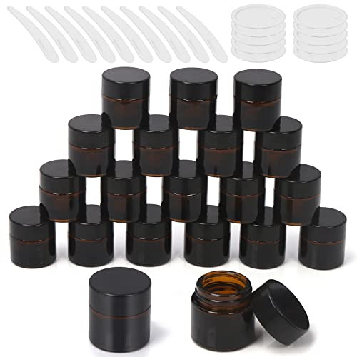 Wokape 20 pots en verre ambré de 10 ml avec couvercles à doublure et spatules, pots cosmétiques ronds étanches pour les vêtements de voyage