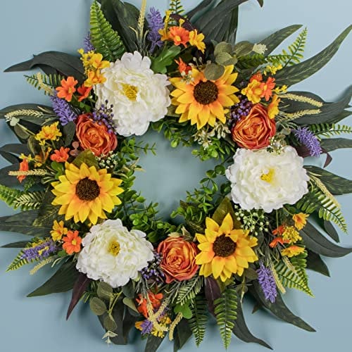 Kmise Frühlingskranz Herbstdekorkranz für Haustür, 55,9 cm, Sommerpfingstrose, Eukalyptus-Kränze für Veranda, Bauernhaus, Heimdekoration