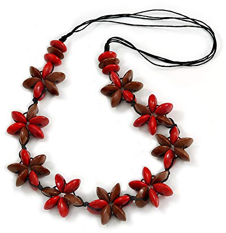 Avalaya Collier en coton noir avec fleur en bois rouge/marron – 68 cm de long