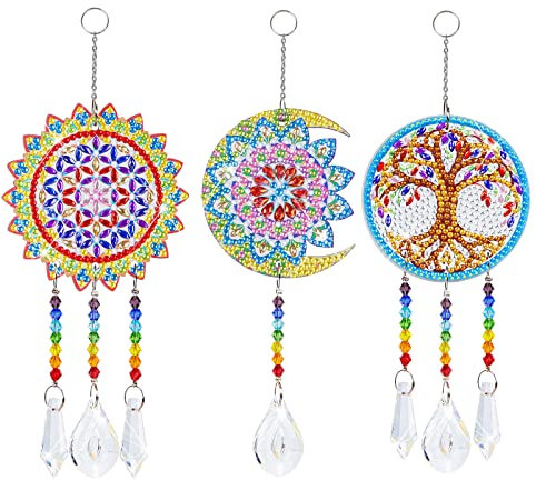 WEDNOK 3tlg Diamond Painting Sonnenfänger Bastelset Baum des Lebens Anhänger Kristall Lebensbaum Prismenanhänger Suncatcher zum Basteln für Fenster Garten Fensterschmuck