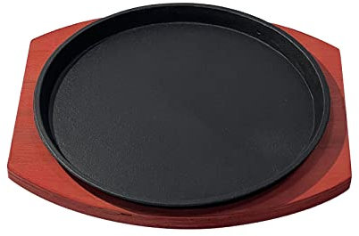 perfk 21 Cm Padelle Grill, Padella Ghisa, Ghisa per Carne, Piastra in Ghisa per Barbecue, Piatto da Bistecca in Ghisa con Base in Legno/Padella Rotonda per Grigliate di Pesce Sfrigolante, 21 Cm