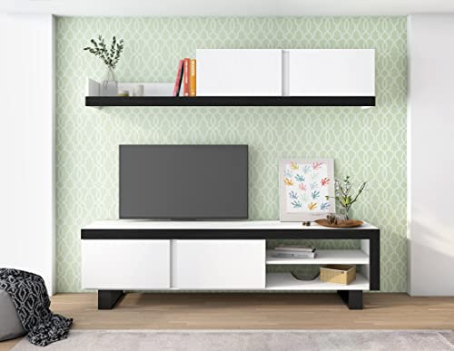 Skraut Home - Soggiorno IDEM - Set di mobili - Unità a parete - Mobile basso TV - Sala da pranzo, Set da soggiorno Colore Bianco/Nero - Stoccaggio stile moderno 200 x 180 x 40 cm