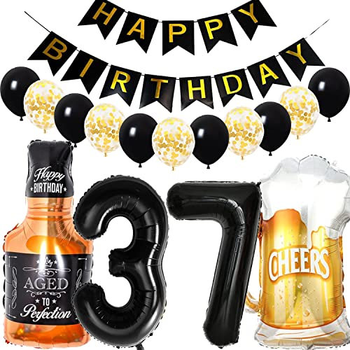 Conruich Decoración de Cumpleaños de 37 años Hombre Mujer, Globo de Foil Whisky Cerveza Vaso Globo de Vino Botella de Cerveza Deco, Gigante Número 37, Fiesta de Cumpleaños Kit para 37 años Mujer