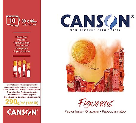 Canson Figueras, Papel óleo, Grano imitación lino, 290gsm, Bloc encolado por lado largo, 38x46cm, Blanco, 10 hojas