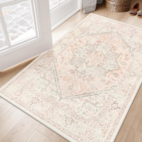 LIVEBOX Pink Carpet 3x5 - Oriental Floral Non-Slip Indoor Rug for Kitchen Entrance, Faux Wool Front Door Mat, Pet Friendly Accent Throw Rug for Bedroom Entry Foyer Laundry Room, Pink
