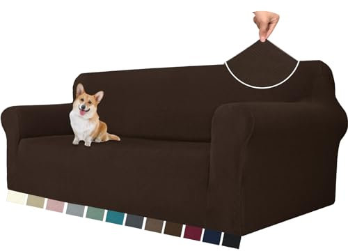 YSTELLAA Stretch Sofa Überzug 3 Sitzer, Sofaschoner rutschfest Mit Armlehne, Universal Jacquard Sofabezug, Dicke Sofabezug Für Hunde Katzen Und Haustiere, Waschbare Sofa Cover, Kaffee