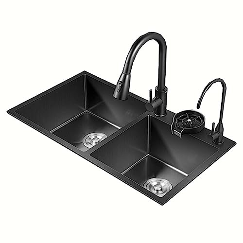 75x40cm Fregadero Cocina Hecho a Mano 304 De Acero Inoxidable, Fregadero De Cocina Doble Seno, Fregadero Sobre Encimera Ou Empotrado, Fregadero Negro