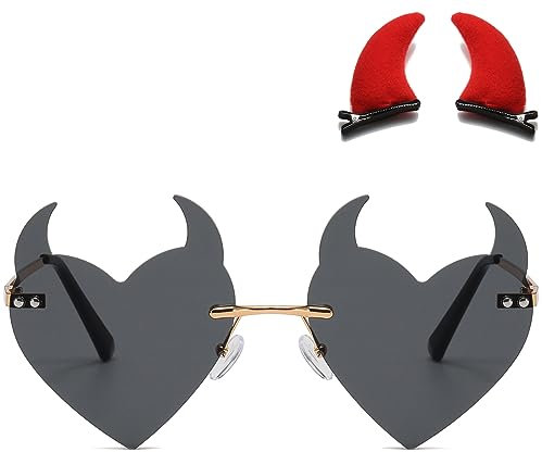 Musivon Teufelshörnern Sonnenbrille für Damen- 90er Jahre Rave Herz Brille für Party Festival mit Teufelshörnern