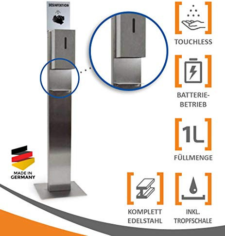 MyMAXXI | Hand Sensor Desinfektionsmittelspender Station STEEL Edelstahl Spender Set 1x 1L Desinfektionsmittel stehend automatisch | touchless disinfection Desinfektionsspender Standfuß Dosierpumpe