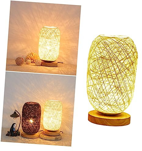 UKCOCO Rattanlicht Led Lichter Kugelleuchten Rattan Lampe Mit Holzsockel Kugellampe Für Schlafzimmer Kugellichter Tischlampe Hölzern