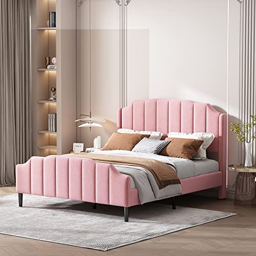 ZUUYEE Polsterbett 140x200 cm, Jugendbett Bettrahmen mit Kopfteil und Lattenrost, Samt Gepolstertes Doppelbett Gästebett, Bett 140x200, Rosa