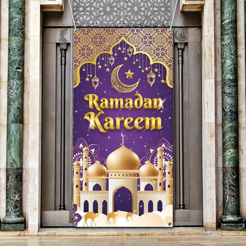 KEPMOV Ramadan Kareem Tür Banner, Lila und Gold Ramadan Mubarak Türabdeckung Ramadan Dekorationen für Haus, Große Eid Mubarak Kareem Hintergrund mit Mondschlösser Zeichen für Muslimische