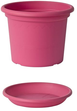 Euro3plast Geo Blumentopf mit Untersetzer 13 cm Ø Kunststoff rund Farbe Pink 19831471-44 Innen- und Außenbereich geeignet