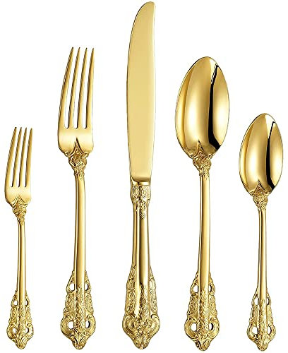 LIKECRAFT Vajilla Cubiertos de Oro y Plata de 30 Piezas, Cubiertos Resistentes, Juego de Cubiertos Antiguos, para 4 Personas, Cubiertos de Cocina, Servicio de Cena