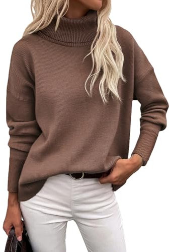 Zeagoo Women's Sweaters Casual Knitted Jumpers Elegant Turtle Neck Sweater Ladies Long Sleeve Tops Roll Neck Autumn Winter Brown S