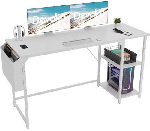 Devoko 140cm Computer Schreibtisch mit Reversible Regal,Schreibtisch Kleiner Tisch mit Kopfhörerhaken, Computertisch Klein für Home Office,Bürotisch Kleiner für Heimbüro,Weiß