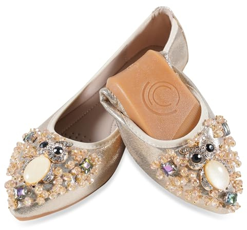 YOUNIFIZ Women's Ballet Flats Foldable Casual Sparkly Jewels Wedding Ballerina Shoes Comfort Slip on Walking Dolly Shoes (Gold-8,Size 8.5)