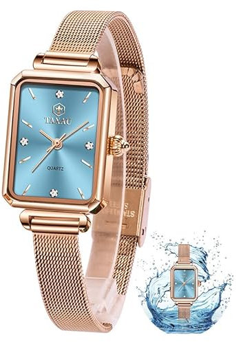 Taxau Damenuhr Wasserdicht Quarz Damen Uhr Damenuhr Rosegold Diamant Uhr Exquisit Opulent Rostfreier Stahl Damen Armbanduhr Hellblaues Zifferblatt Einstellbar Women Watch