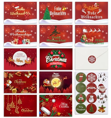 Syunyin Weihnachtskarten mit Umschlag Set 12 Stück - A6 Klappkarten Weihnachts Grußkarten Christmas Cards Glückwunschkarten Weihnachtsgeschenke für Freunde und Familie, Weihnachtsszenen mit 12 Motiven