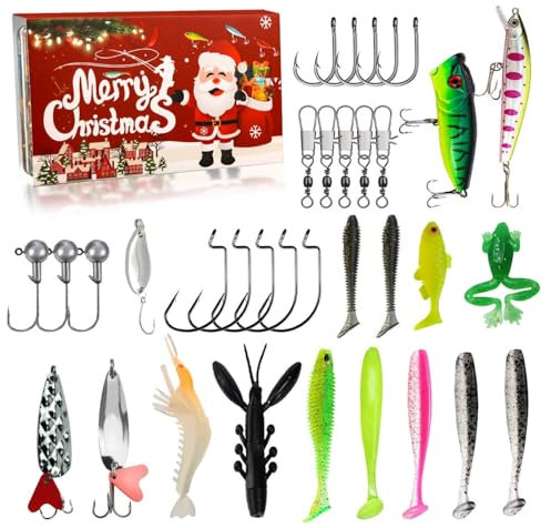 Angelköder Adventskalender Geschenk für Papa, Opa, Bruder, Weihnachten Angeln Blind Box 2024, 2024,24 Tage Überraschung Köder Countdown Tackle Set