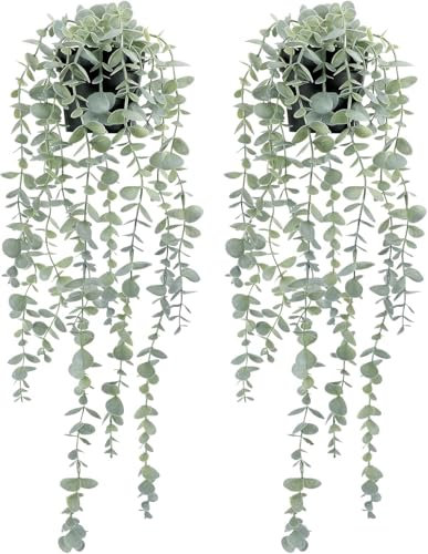 RIOFOGO Künstliche Pflanze Hängend, Eukalyptus Künstliche Hängepflanzen,Hängepflanze Künstlich wie echt für Wand, Zimmer, Zuhause, Innen- und Außenbereich, Regaldekoration 2 Stück