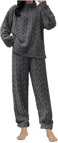 Generico Pigiama Donna Invernale Pile Due Pezzi Morbido e Confortevole Tuta Pile da Casa con Tasche Felpa Manica Lunga e Pantalone Lungo Indumenti da Notte Sleepwear Sets