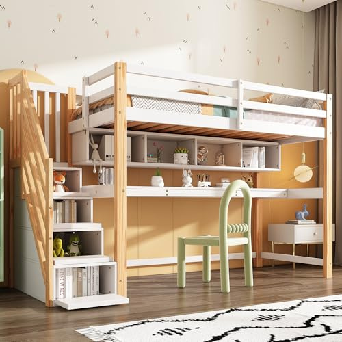 Hochbett für Kinder mit Stauraumtreppe 90x200cm, Massivholz+MDF, Etagenbett, Kinderbett mit großen Schreibtisch und Regalen, Platzsparendes Jugendbett, Einzelbett, Holz Bettgestell, Natürlich+Weiß