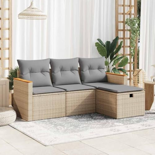 IKAYAA Muebles Jardin Exterior con Almacenamiento de Ratán 4 Piezas, Muebles de Terraza, Muebles de Jardín, Sofa Exterior de Ratán, Sofá Jardín, Conjunto Terraza con Cojines Beige y Gris