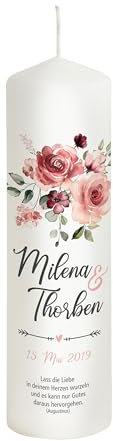 Scheinvoll® Hochzeitskerze Rosen in Rot mit Namen, Datum und Spruch - Modell Milena - Wunderschöne Vintage Kerze (25 x 8 cm)
