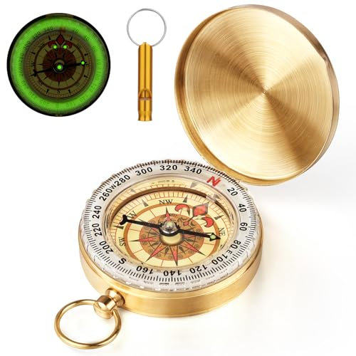 Flintronic Boussole d'extérieur, Boussoles étanche en Laiton, Compas de Poche en Métal avec Fonction Lumineuse, Vintage, avec Échelle de Précision, pour Voyage, Randonné, Exploration, Camping