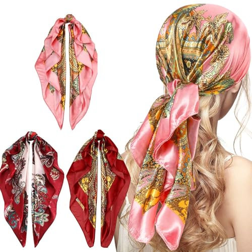 Ceeyoll 3 Pack Foulard Cheveux Femme,Grande écharpe En Satin,Foulard Carré Femme,Foulard Femme Soie,Foulard Cheveux Femme,Echarpes et foulards femme Bandeau accessoires cheveux pour filles élégantes.