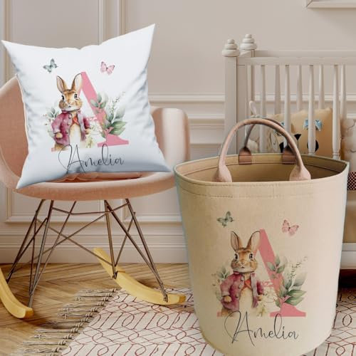 Personalised Bespoke Custom Name Rabbit Pink Jacket Felt Laundry Basket Bin Organiser Bag with Handles Storage Unit Tube Tub Print Room Personalized Name Keepsake Gift Item Toy Cylinder Box