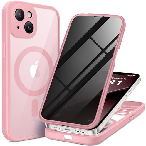 BERFY Magnetic for iPhone 14 Case, Compatible with MagSafe, Built-in Privacy Screen Protector and Upgraded Camera Protection, Anti-Spy Full Body Shockproof Phone Case for 14 6.1, Pink