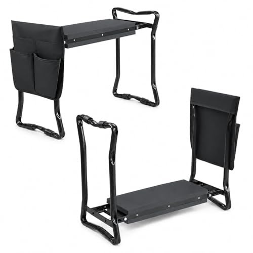 AufuN 2 in 1 Kniebank für Gartenhocker Gartenarbeit bis 150 kg Anthrazit | mit Eva-Schaumkissen Gepolstert, Faltbarer Garten Arbeitshocker mit 2 Arbeitstasche,60x50x28cm