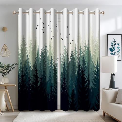 Ttincceer Grün Nebel Wald Vorhänge Natur Wald Baum Fenster Behandlung für Schlafzimmer Moderne Thermisch isolierte Fenster Vorhänge 2 Platten für Wohnzimmer Wärmeblockierung 107x215cm