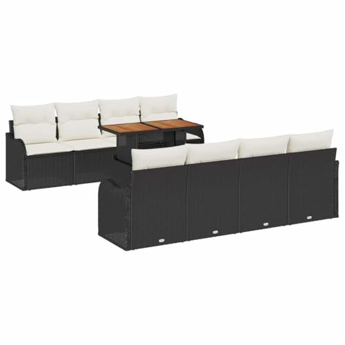 vidaXL 9-teiliges Garten-Sofaset mit Kissen in Schwarz aus Poly Rattan – stilvolle und Bequeme Sitzgelegenheit für Terrasse und Patio.