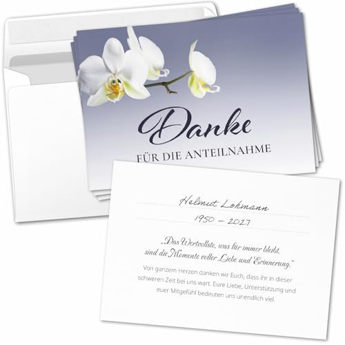 Einladungskarten Manufaktur Hamburg 8 Trauer Danksagungskarten ausfüllbar mit Umschlag - Danke Trauerkarten Postkarten nach Beerdigung zum Ausfüllen mit Text Motiv Orchidee