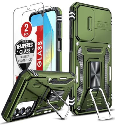 LeYi Hülle für Samsung Galaxy A17 5G Handyhülle [2 Glasfolie Schutzfolie], Militär Standard Handy Hüllen Metall Ring Schutzhülle Kamera Schutz Schiebeabdeckung Cover A 17 5G Case Dunkelgrün