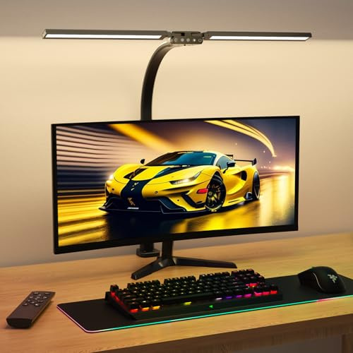 SIBRILLE Doppelkopf Schreibtischlampe LED dimmbar, 22W 80CM Klemmbare Tageslichtlampe mit Fernbedienung, drehbare Tischlampe Augenschutz Schwanenhals Büro Monitorlampe (5 Farbtemperaturen)