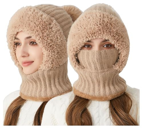 Winddichter Schal Hut, 3 in 1 Damen Schalmütze Sturmhaube Winter Warme Mütze mit Halswärmer, Kapuzenmütze für Mädchen und Frauen