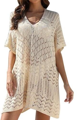 YGERGWE Beach Cover Up Women Crochet Beach Dress Kaftan Ladies Swimwear Cover Up Summer Holiday Pool Bikini Coverups V Neck Hollow Out Vacation Outfits